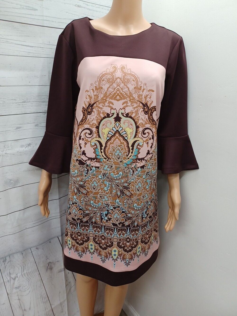 New York & Company Womens Dress Pink Brown Paisley Bell Sleeve Sheath Tunic Sz L